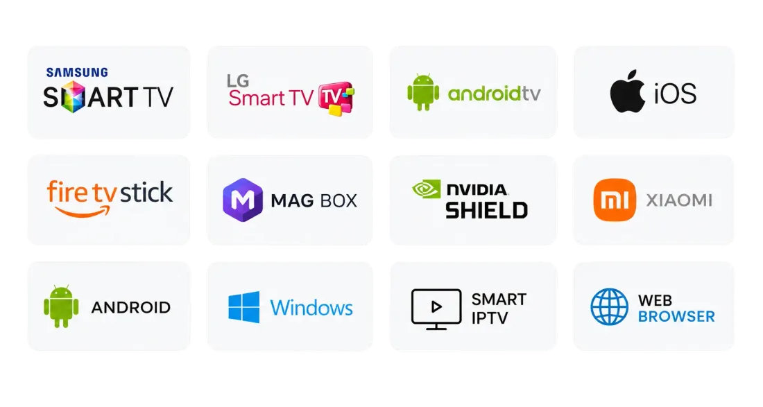 Devices that work with UK IPTV and UKProviderNow: Samsung and LG Smart TV, Android TV, iOS, Fire TV Stick, MAG box, NVIDIA Shield, Xiaomi, Android, Windows, Smart IPTV and web browser
