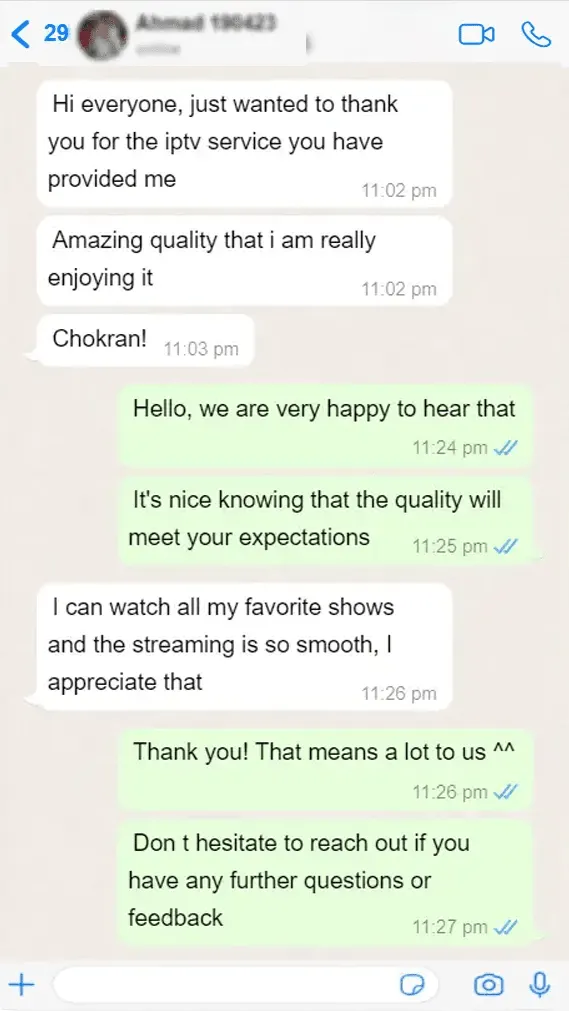 WhatsApp chat: a customer thanks UK IPTV for the service and says the streaming is smooth and they can watch their favourite shows