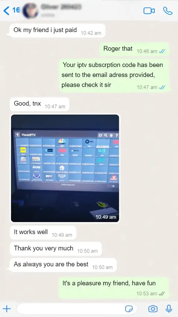 WhatsApp chat: after ordering, a customer sends a photo of the channel list on their TV and says "It works well"